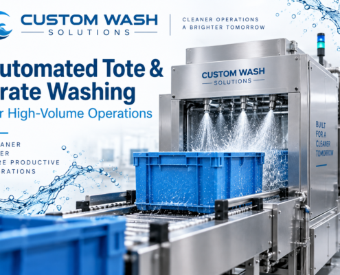 Automated tote and crate washing system cleaning reusable blue containers in a high-volume industrial facility.