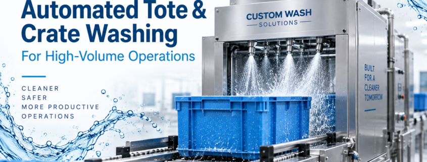 Automated tote and crate washing system cleaning reusable blue containers in a high-volume industrial facility.