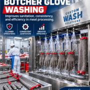 Industrial butcher glove washer cleaning chain mail gloves used in a meat processing facility