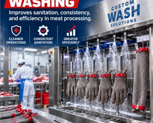 Industrial butcher glove washer cleaning chain mail gloves used in a meat processing facility