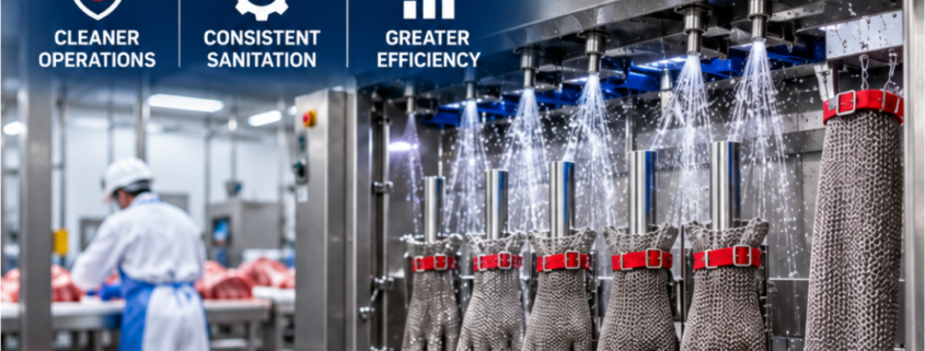 Industrial butcher glove washer cleaning chain mail gloves used in a meat processing facility