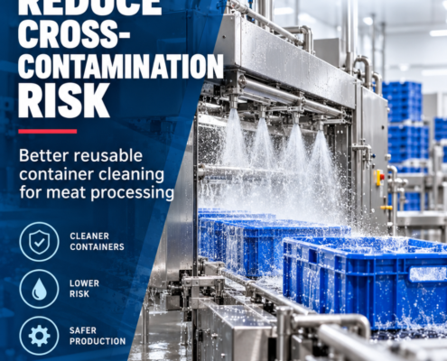 Industrial wash system cleaning reusable totes and crates in a meat processing facility