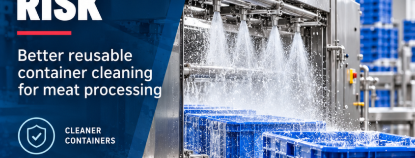 Industrial wash system cleaning reusable totes and crates in a meat processing facility