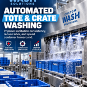 Automated industrial tote and crate washer cleaning reusable containers in a meat processing facility