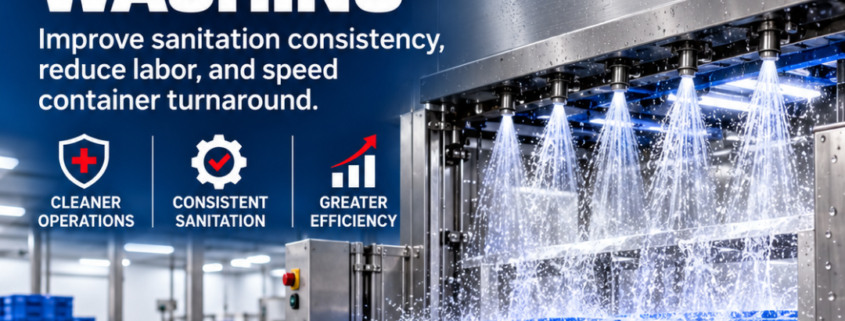 Automated industrial tote and crate washer cleaning reusable containers in a meat processing facility